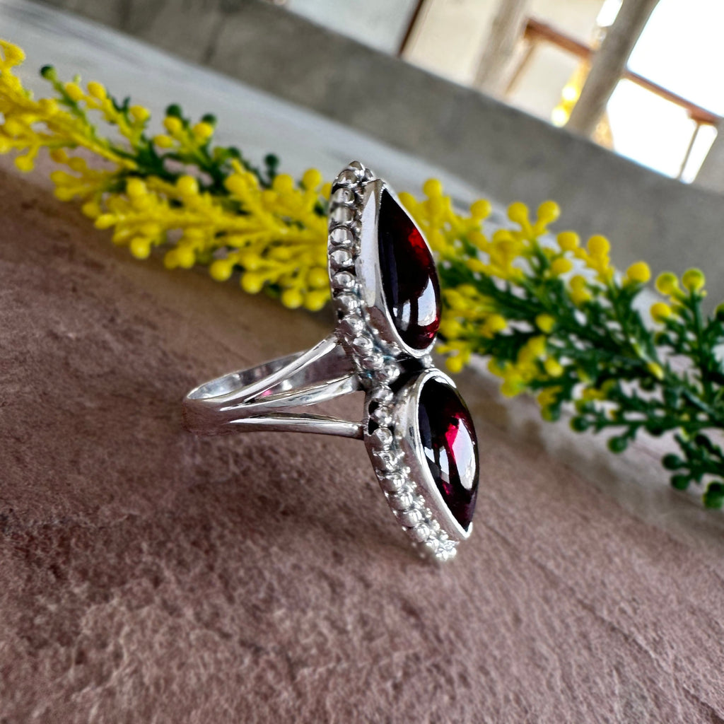 Natural Red Garnet Ring – Double Teardrop Silver Artisan Boho Jewelry- Romantic Garnet Ring