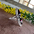Natural Red Garnet Ring – Double Teardrop Silver Artisan Boho Jewelry- Romantic Garnet Ring
