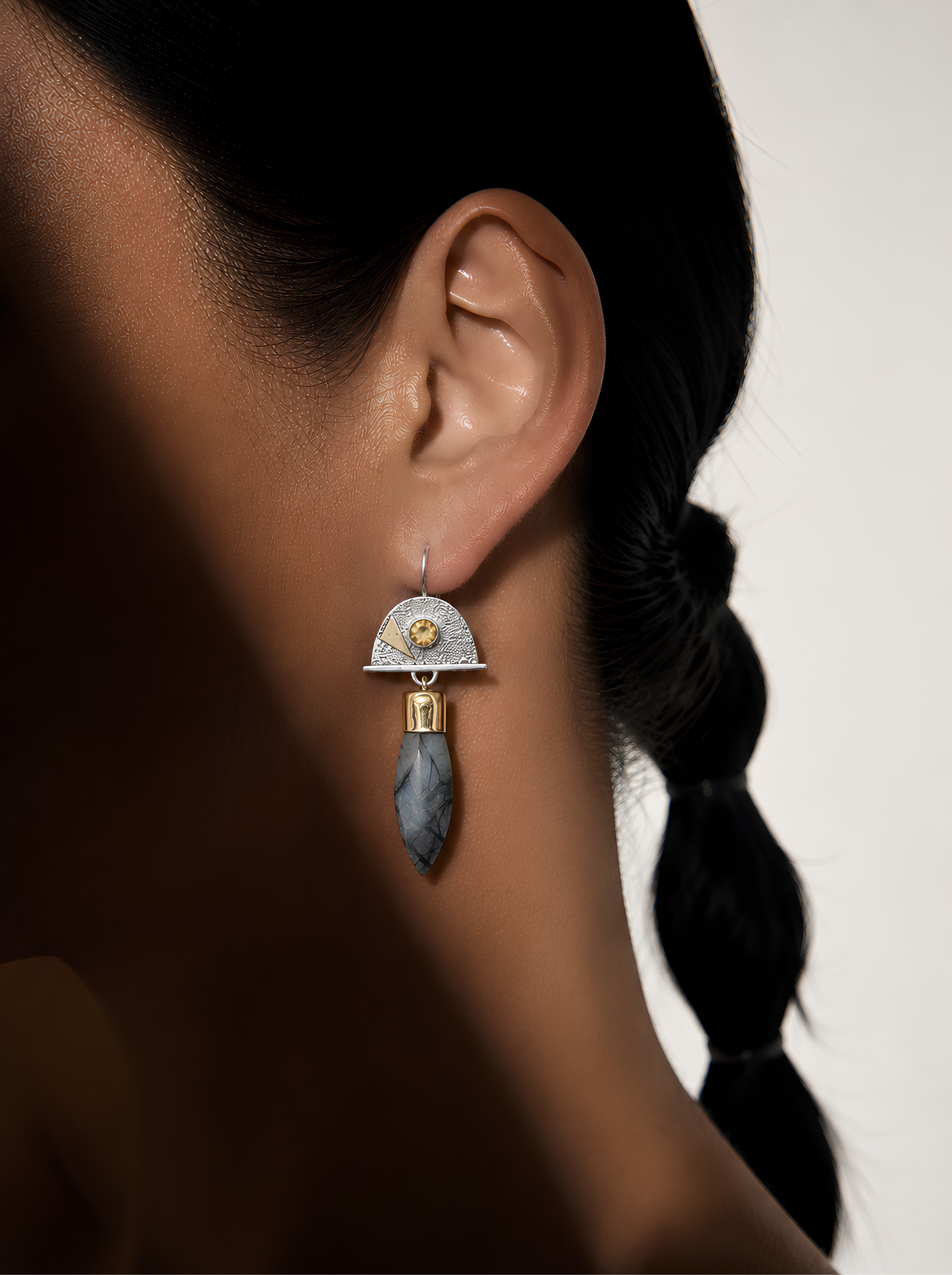 Geometric Two-Tone Citrine and Stone Drop Earrings